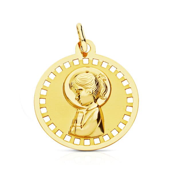 18K gult guld Medallion Virgin Girl Rund genombruten 18 mm