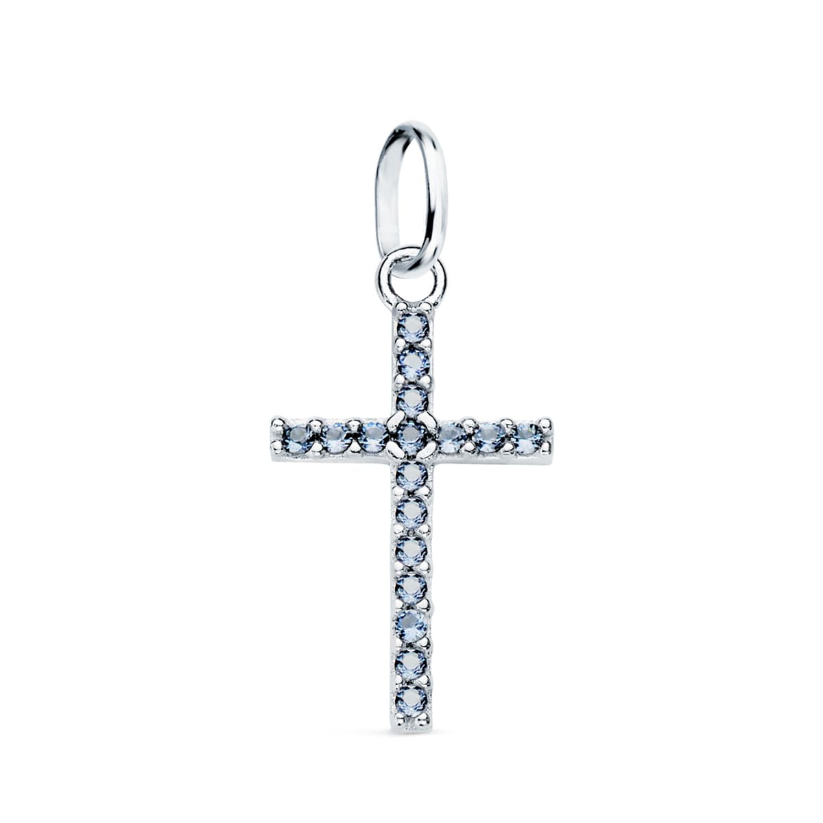 18K Croix en Or Blanc et Zircons Bleues 16 X 10 mm
