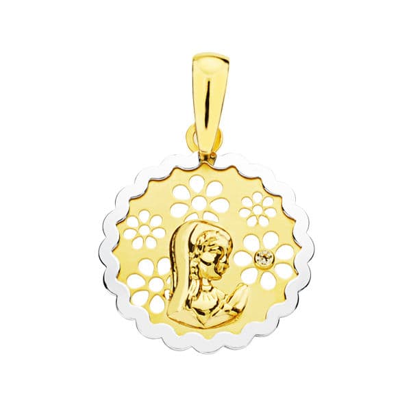 Médaille Or Bicolore 18K Vierge Fille Zircone 15 mm
