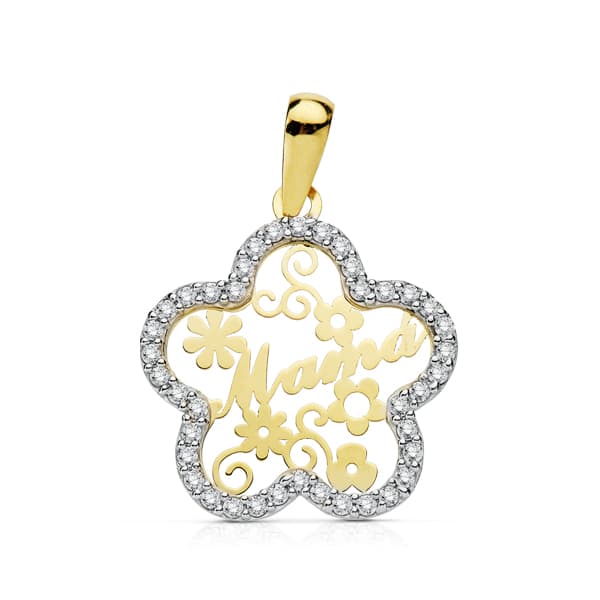 Pendentif Fleur Mama Zirconia Or Bicolore 9K 18 mm