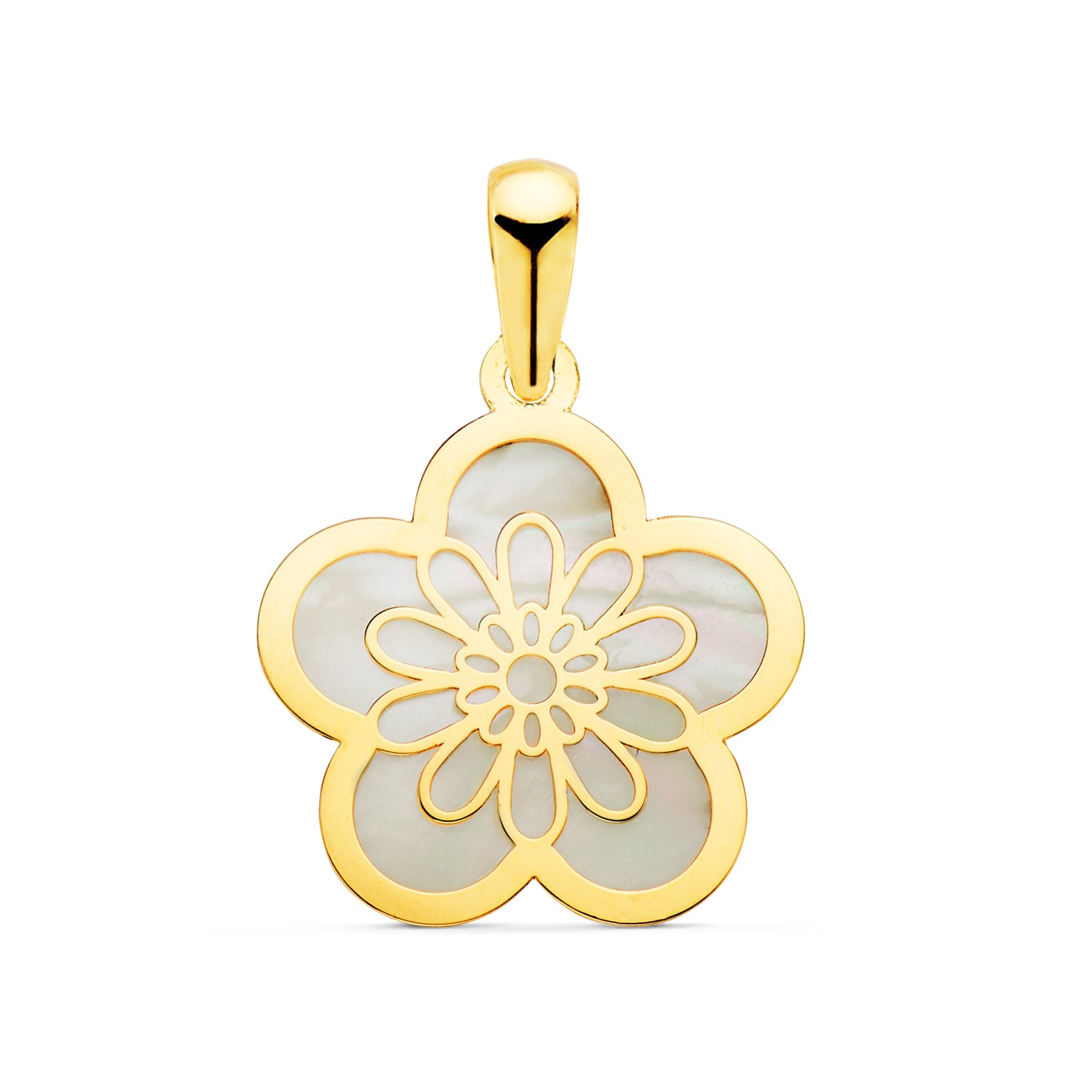 18K gult gull og perlemor blomsteranheng 17 mm