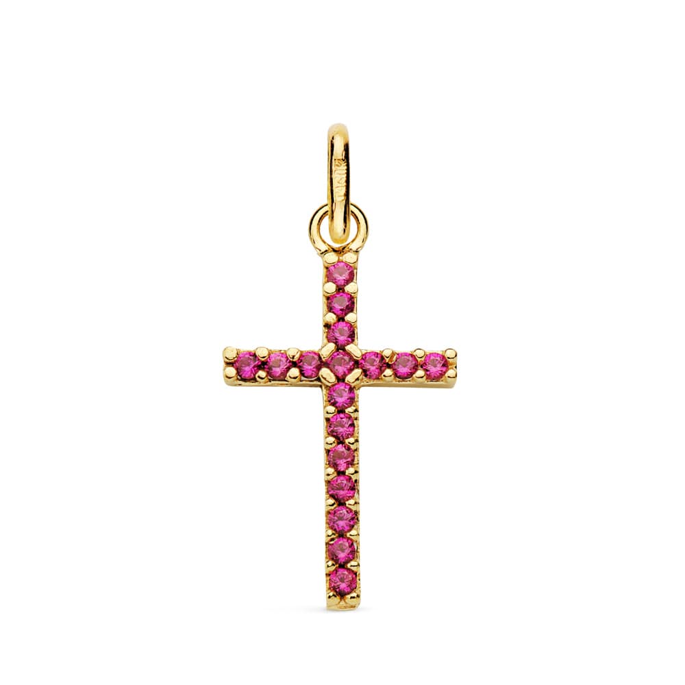 Croix en Or Jaune 18K avec Pierres en Zirconium Rouge Taille : 18X10 mm