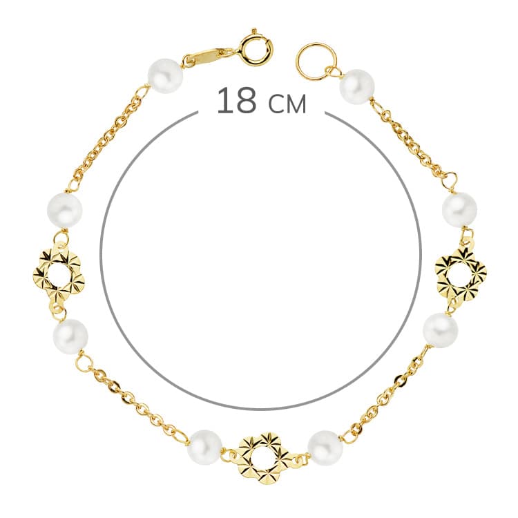 18K Gul Guld Armbånd Blomst og Perler 5 mm 18 Cm