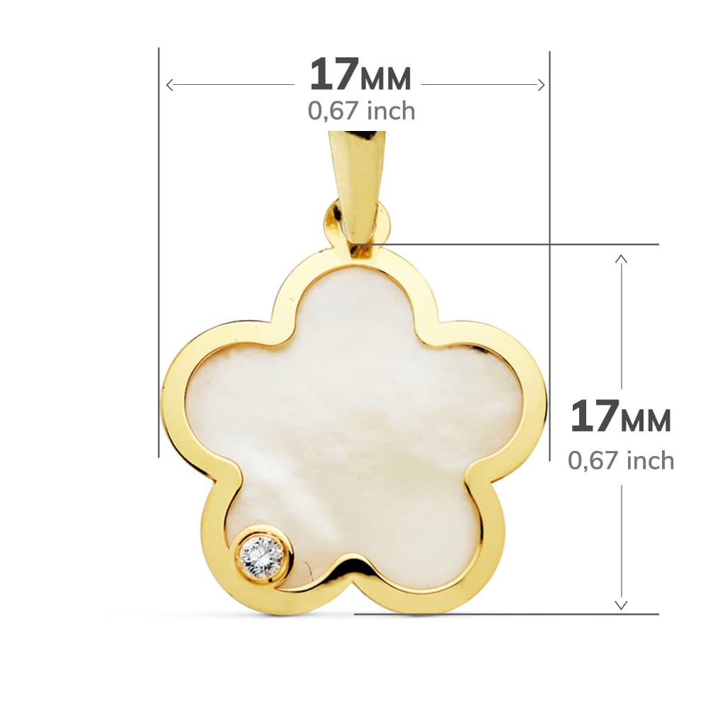 Pendentif Or Jaune 18K Fleur de Nacre Zircon 17X17 mm