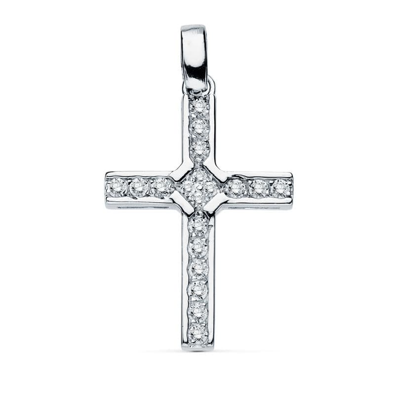 18K Croix en Or Blanc et Zircons 20X14 mm