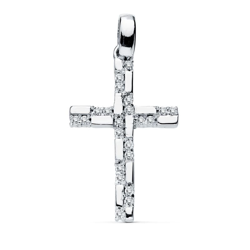 18K Croix en Or Blanc et Zircon 19 X 12 mm