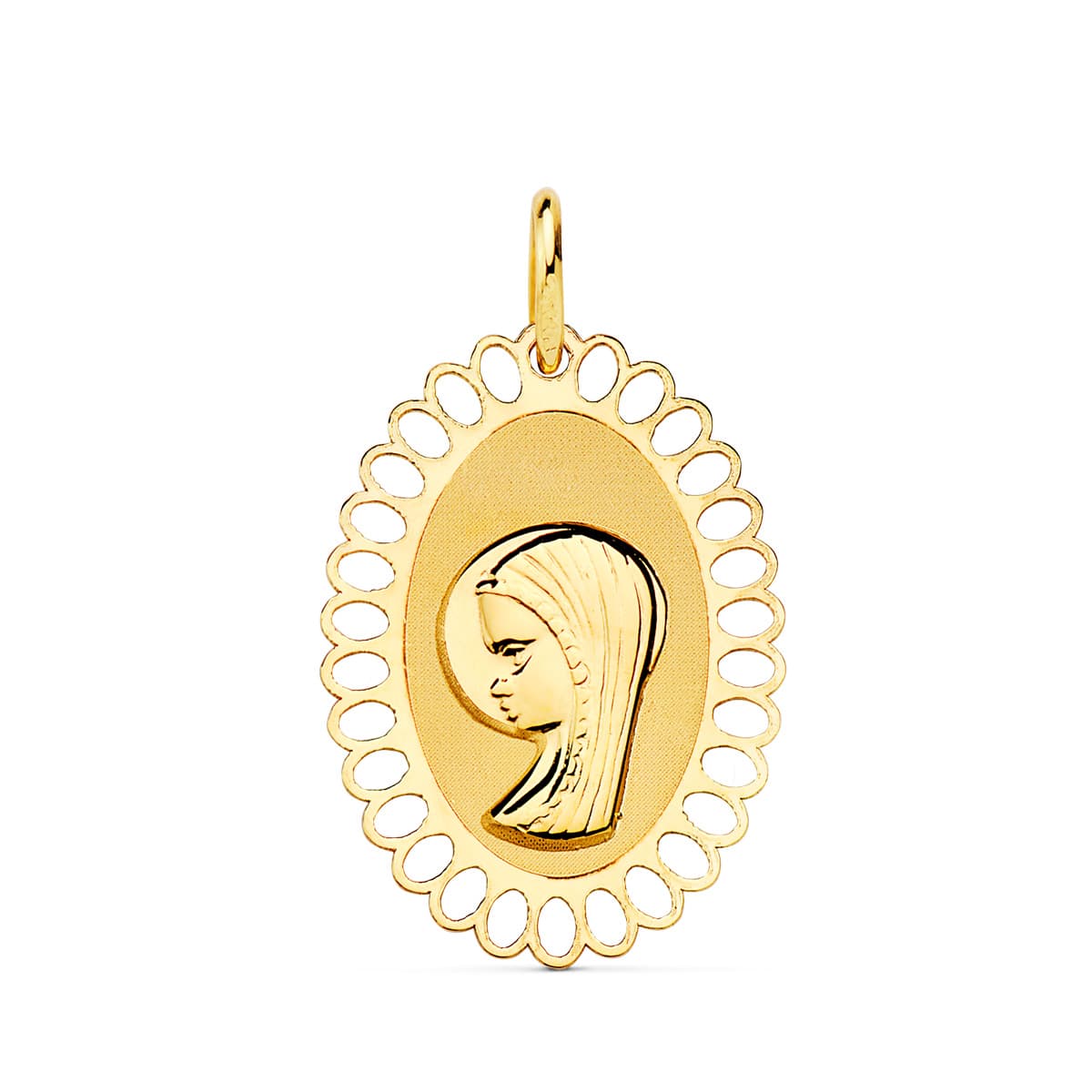 18K Yellow Gold Medal Virgin Girl Oval Openwork Border 21X16 mm