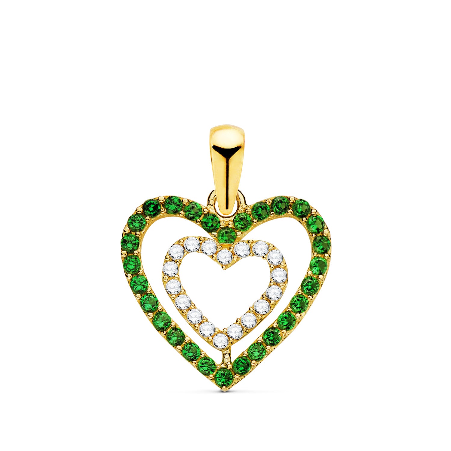 Pingente em Ouro Amarelo 18K Corações Zircões Verdes e Brancos 15 X 14 mm