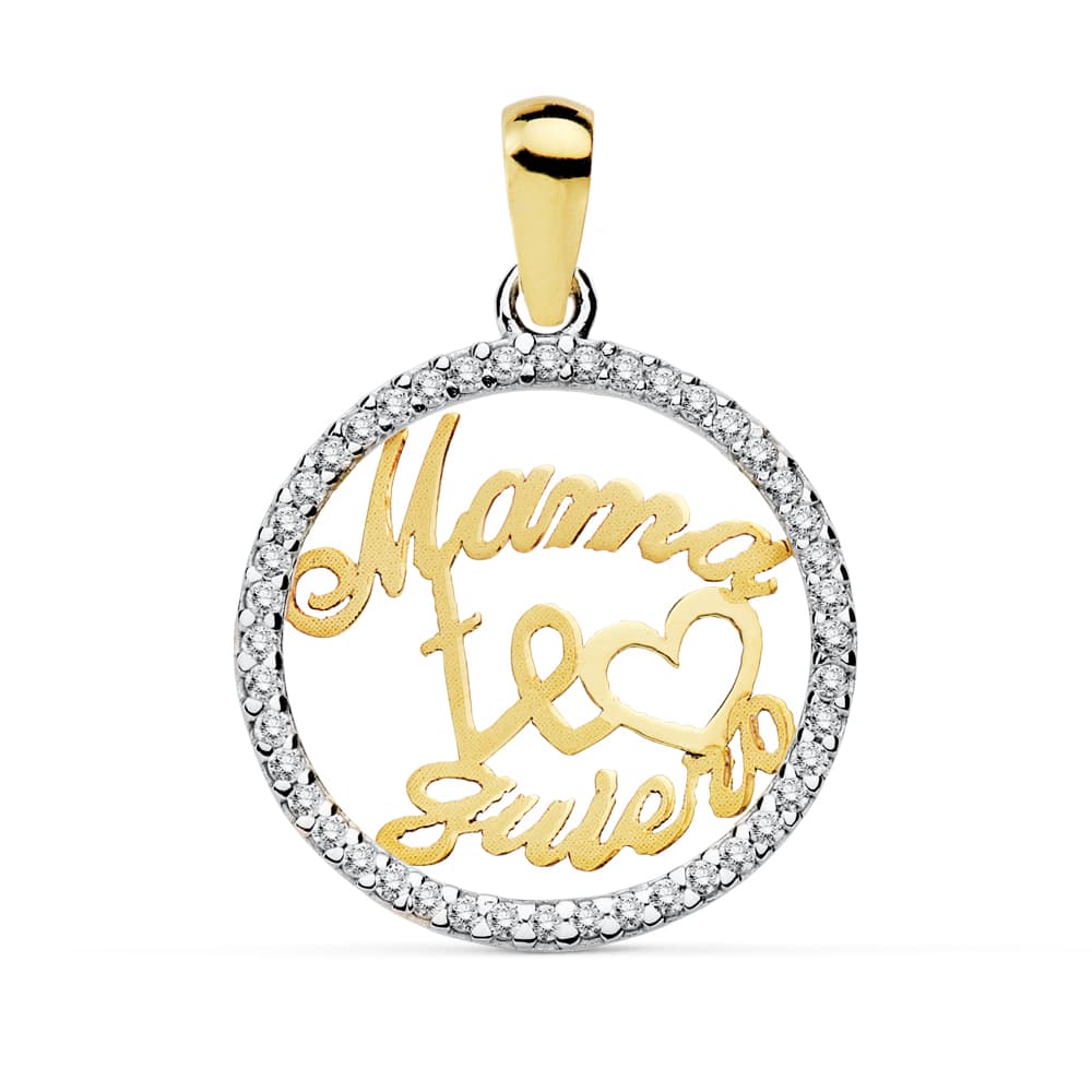 9K Pendentif Or Bicolore "mama Te Quiero" avec Zircons. 16 mm