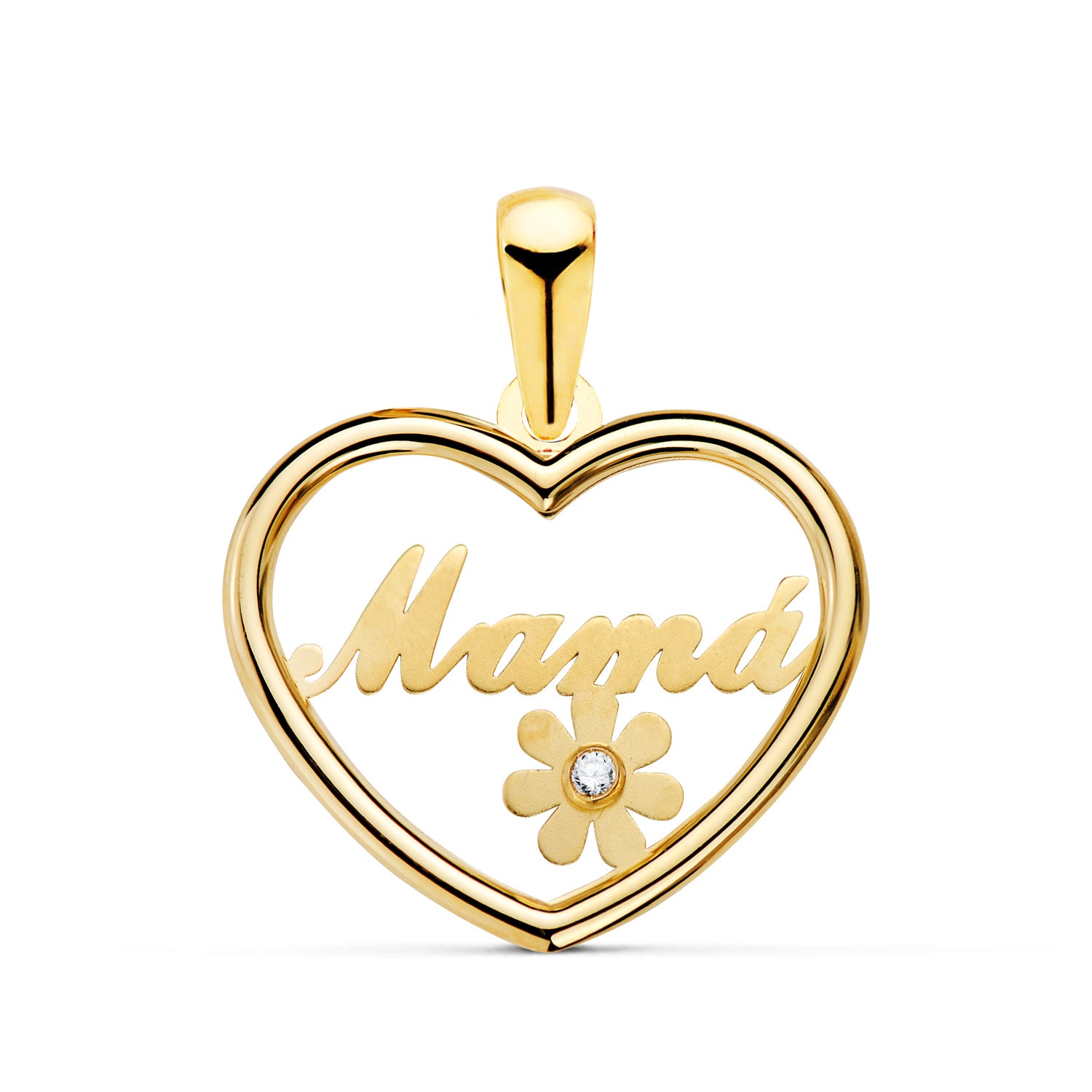 Pendentif en Or Jaune 18K avec le Mot Mama avec Fleur et Zircon Cubique 19X15MM