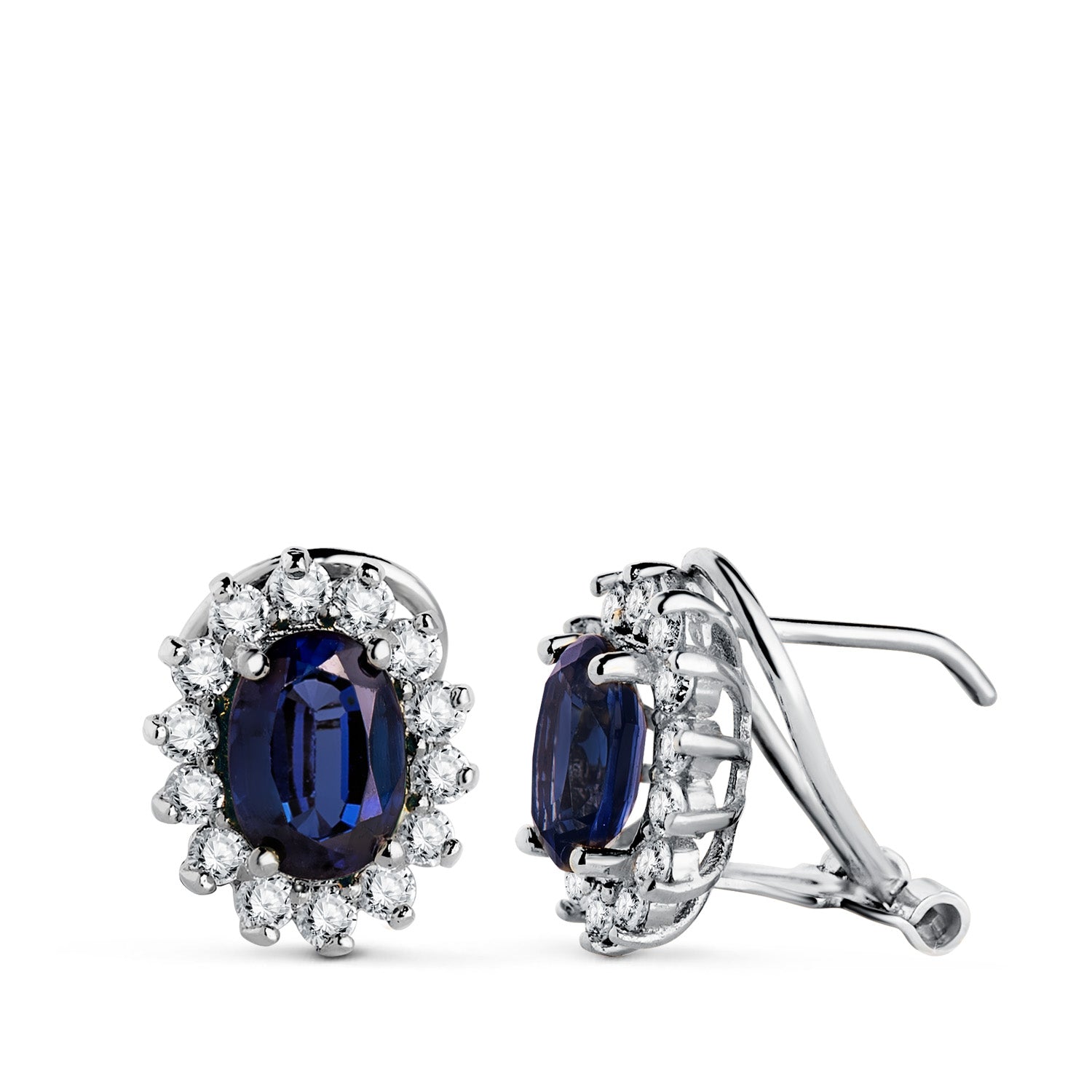 Örhängen i 18K vitguld med diamant och safir 7X5 mm 1,96 Cts 0,580 Cts VS2-G Omega-lås 11,5X9,5 mm