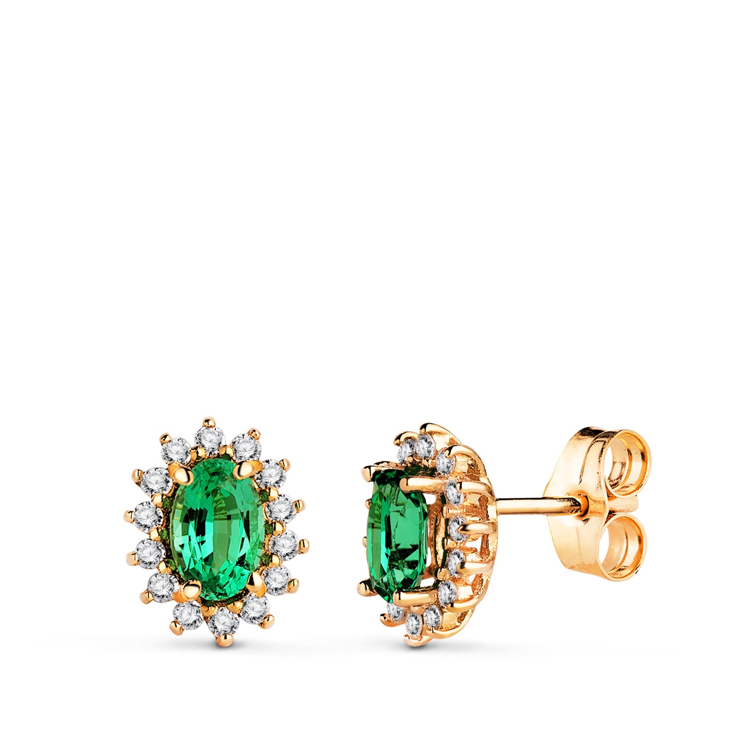 Boucles d'oreilles en Or Jaune 18K 28 Diamants de Laboratoire et Émeraude 6X4 mm 0.78 Ct 0.280 Ct VS2-G 9.5X8 mm Fermoir Poussettes Papillon