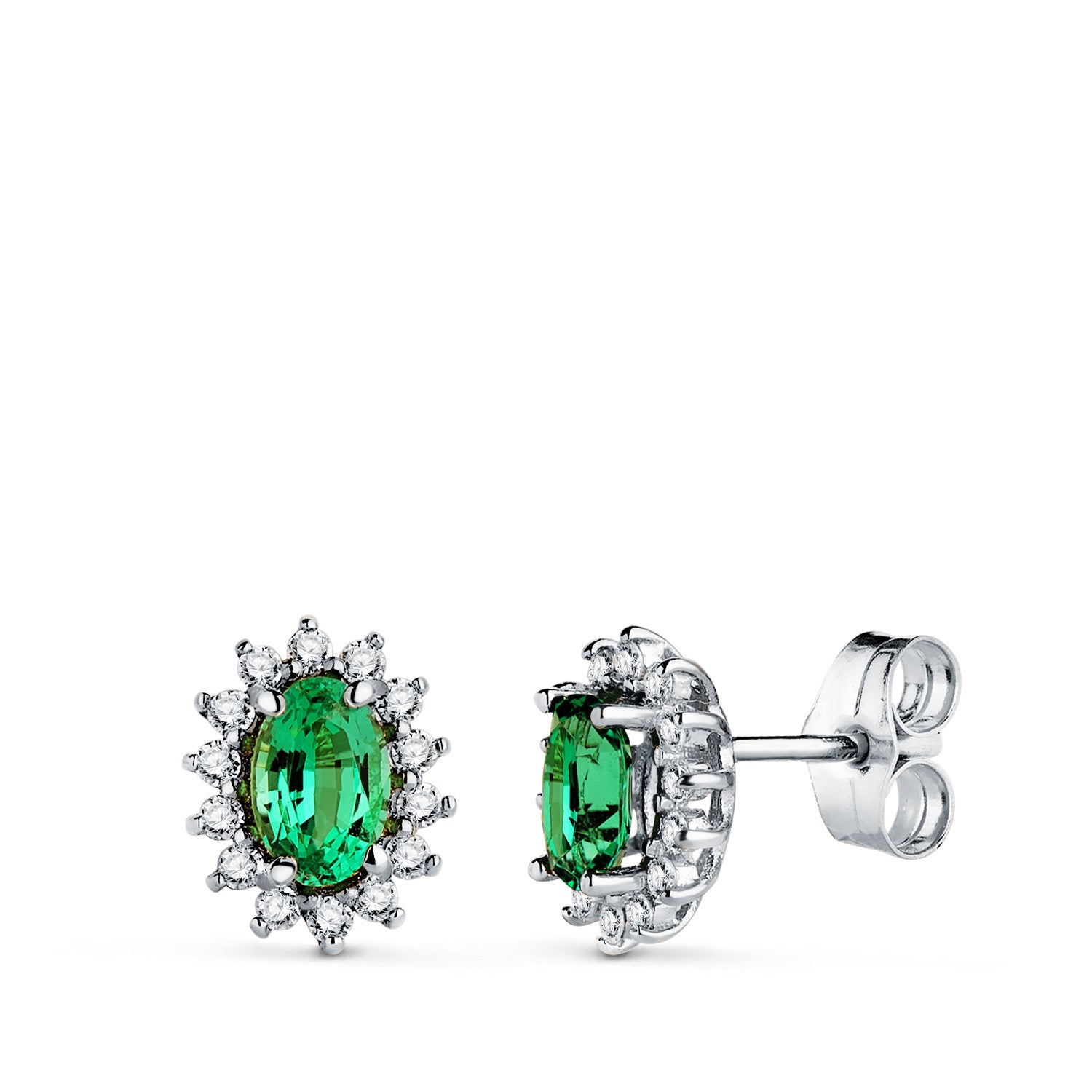 Brincos de ouro branco 18K 28 diamantes de laboratório e esmeralda 6X4 mm 0,78 Qts 0,28 Qts VS2-G 9,5X8 mm fecho borboleta