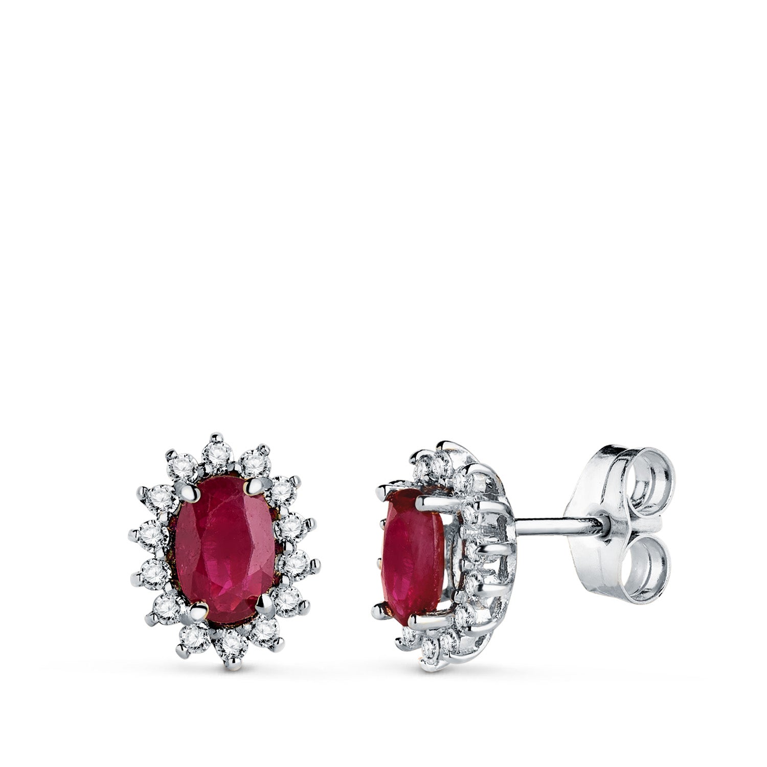 Boucles d'oreilles en Or Blanc 18K 28 Diamants de Laboratoire et Rubis 6X4 mm 1,10 Qt 0,28 Qt VS2-G Fermoir Poussettes Papillon 9,5X8 mm