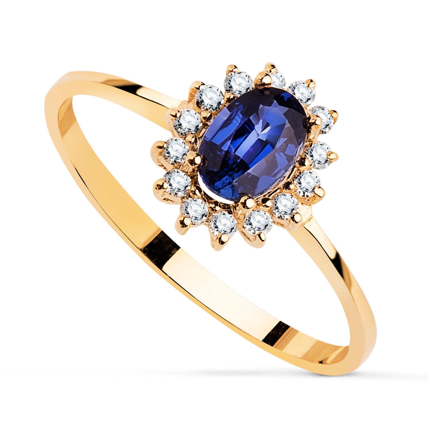 18K Yellow Gold Sapphire Ring 6X4 mm 0.62 Qts Diamonds 0.140 Qts VS2-G 9.5X8 mm