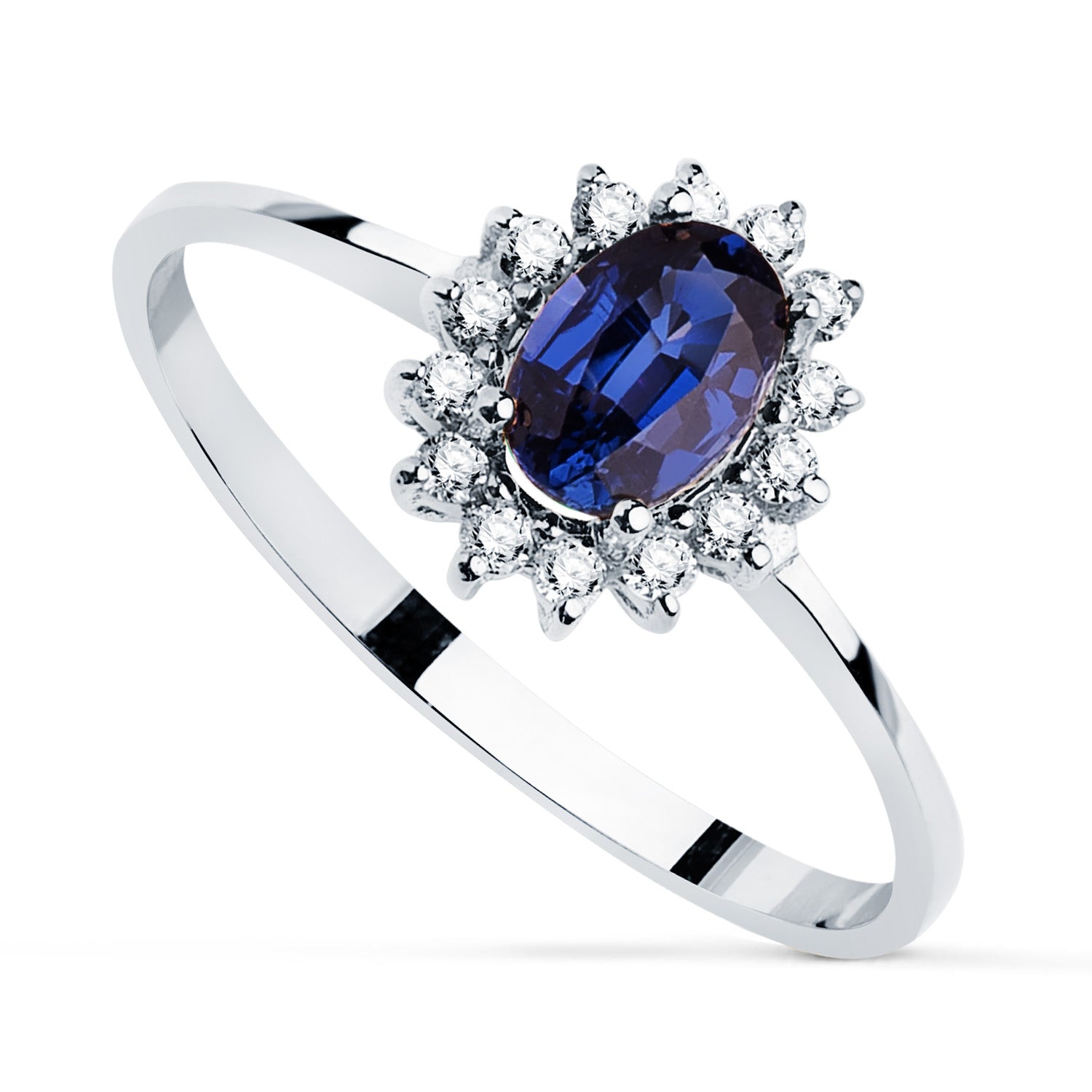 Bague en Or Blanc 18K Saphir 6X4 mm 0,62 Ct Diamants 0,14 Ct VS2-G 9,5X8 mm