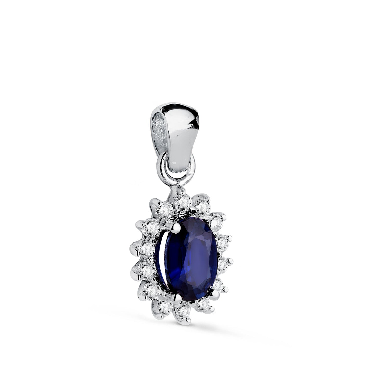 Pendentif en Or Blanc 18K Saphir 6X4 mm 0.62 Ct 14 Diamants Lab 0.14 Ct VS2-G 9.5X8 mm
