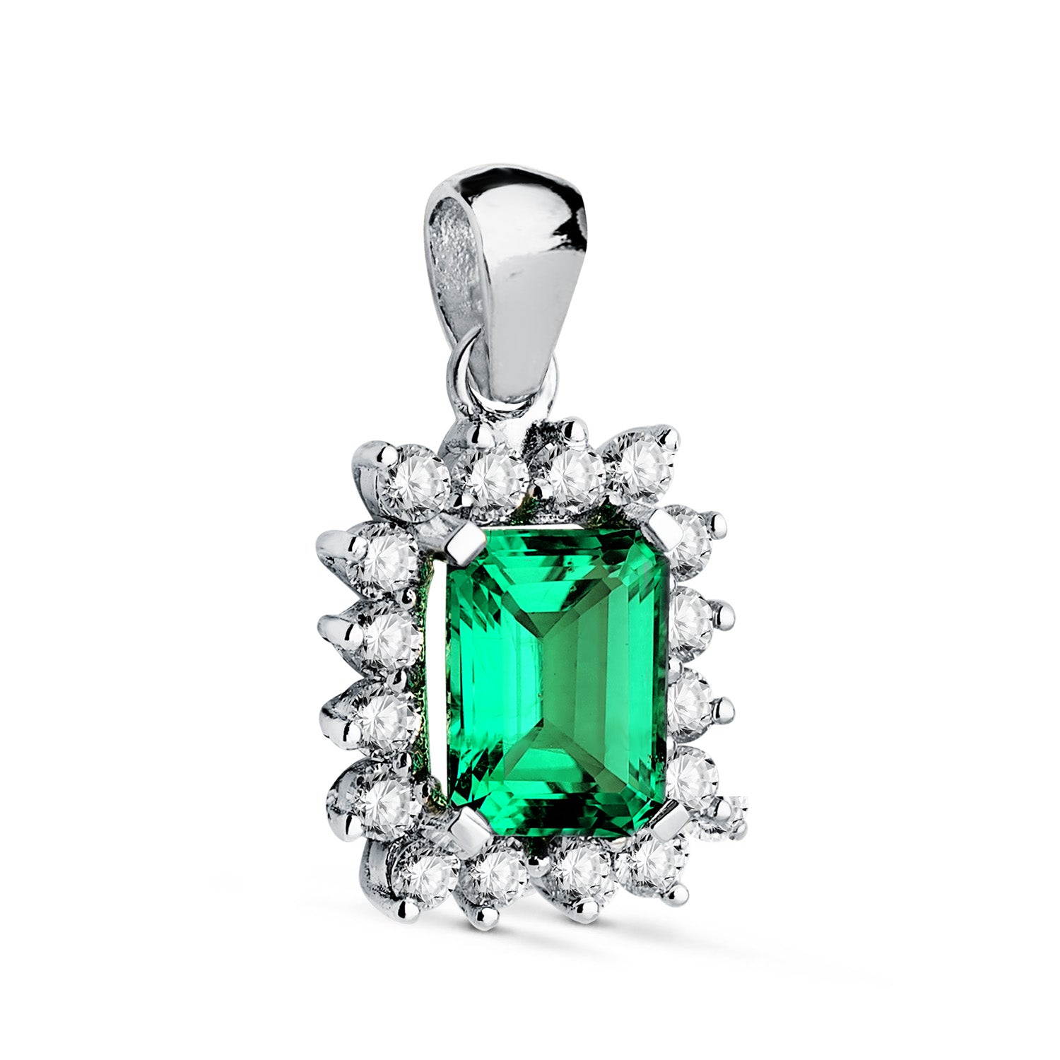 Pendentif en Or Blanc 18K Émeraude 8X6 mm 1.50 Ct 16 Diamants de Laboratoire 0.56 Ct VS2-G 13X11 mm