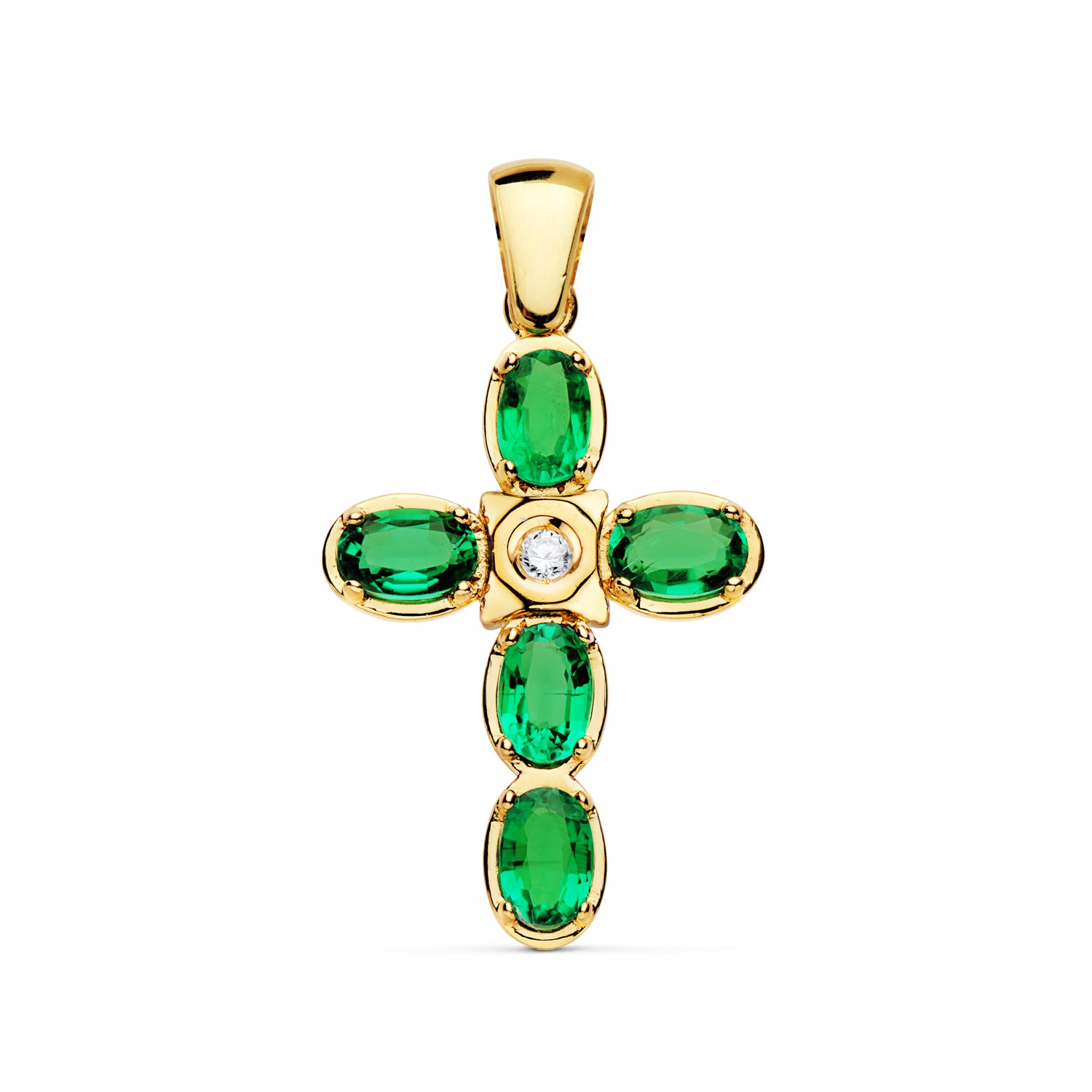 Or Jaune 18K Diamant Croix de Laboratoire 0.065 Cts VS2-G 30X21 mm Émeraudes 7X5 mm 3.75 Cts
