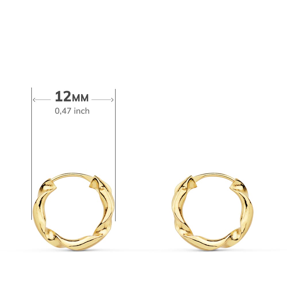 18K Créoles Or Jaune Creuses Torsadés 12 X 2 mm
