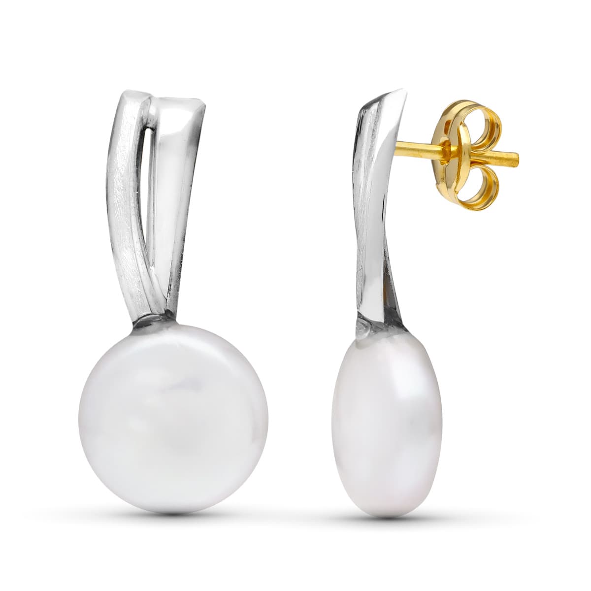 18K Boucles d'oreilles Perle de Culture 9 mm en Or Blanc Fermoir Poussettes Papillon
