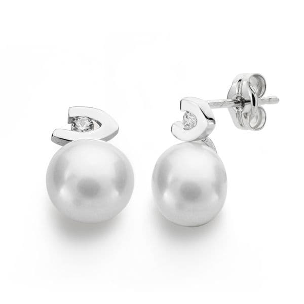 Orecchini Perle In Oro Bianco 18 Carati Zirconi 12X7 mm Chiusura A Farfalla Per Passeggino