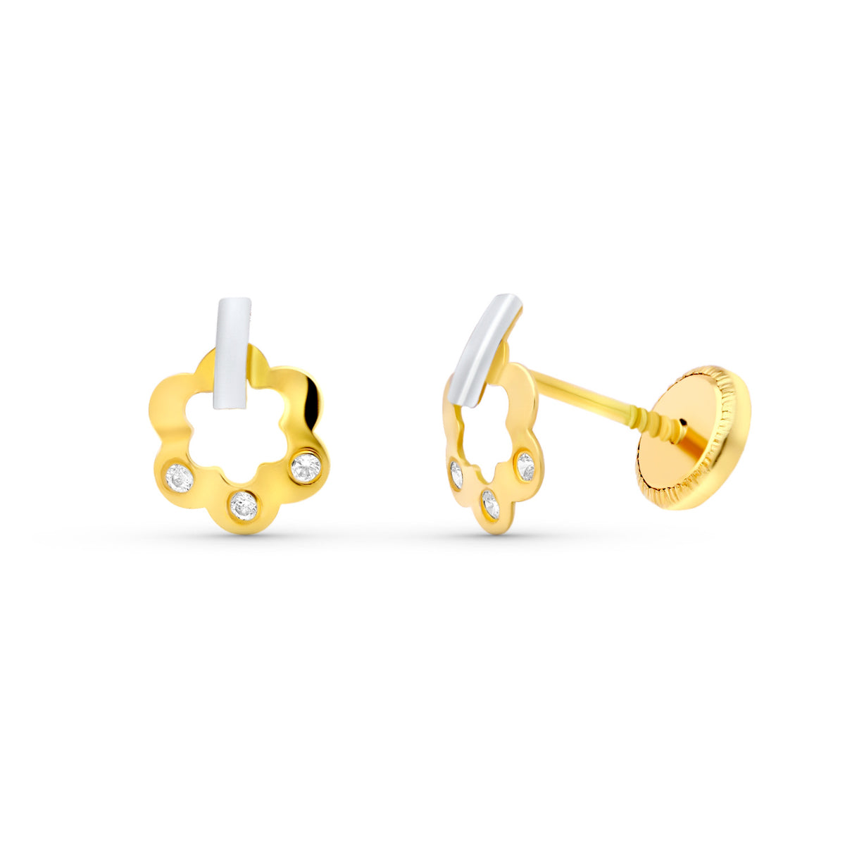 Dwukolorowe kolczyki w kształcie kwiatka z 18-karatowego złota, zapięcie śrubowe 8X6 mm