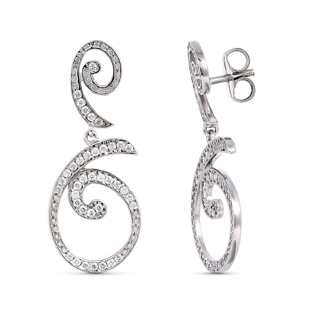Cercei din aur alb de 18 carate cu zirconi 35X14 mm. Închidere cu apăsare