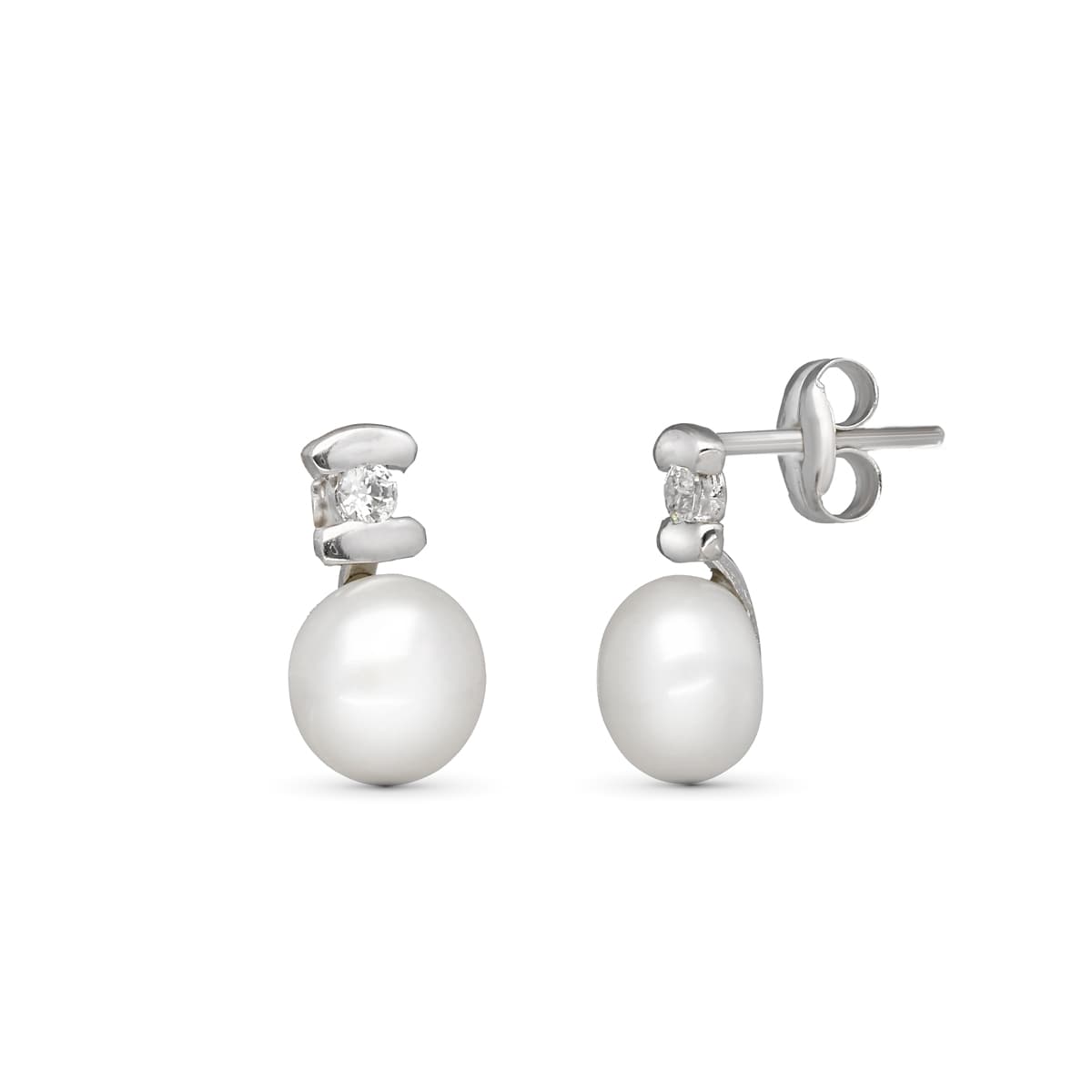 Boucles d'oreilles Perle Or Blanc 18K Zircone 10X6 mm Fermoir Poussettes Papillon