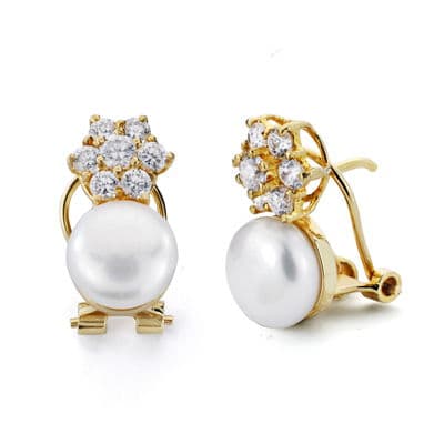 Boucles d'oreilles Or Jaune 18K Perle et Zircon 15X8 mm Fermoir Omega