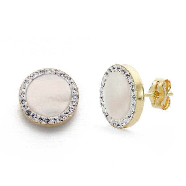9K Boucles d'oreilles en Or Jaune. Nacre et Zircons 11 mm Fermoir Poussettes