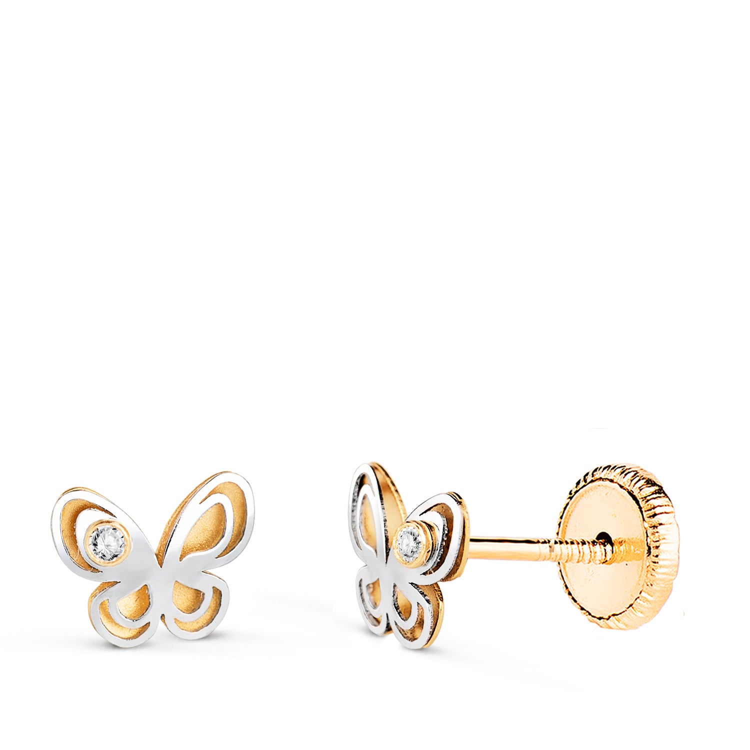Cercei din aur bicolor de 18K în formă de fluture cu circonit Dimensiuni: 6 x 5 mm Închidere cu șurub