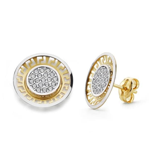 Brincos de ouro bicolor 18K com fecho borboleta de zircônia de 12 mm