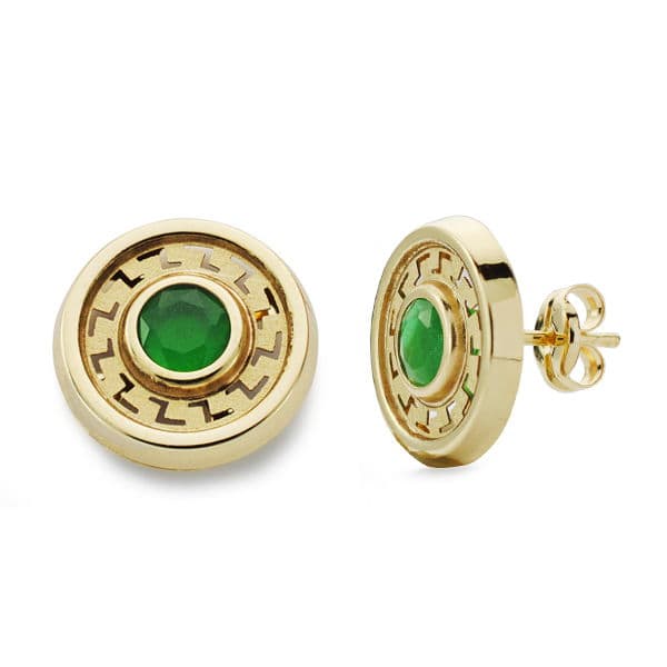 Boucles d'oreilles Rondes Pierre Verte Or Jaune 18K 11 mm Fermoir Poussettes Papillon