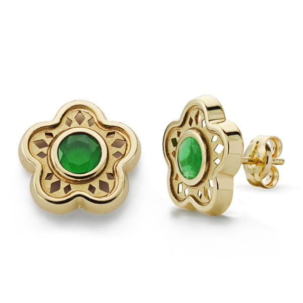 Boucles d'oreilles Fleur 18K Pierre Couleur Vert Or Jaune 11 mm Fermoir Poussettes Papillon