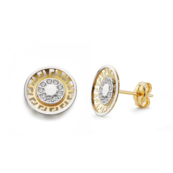 Cercei din aur bicolor de 18K, zirconi, 10 mm, închidere tip fluture
