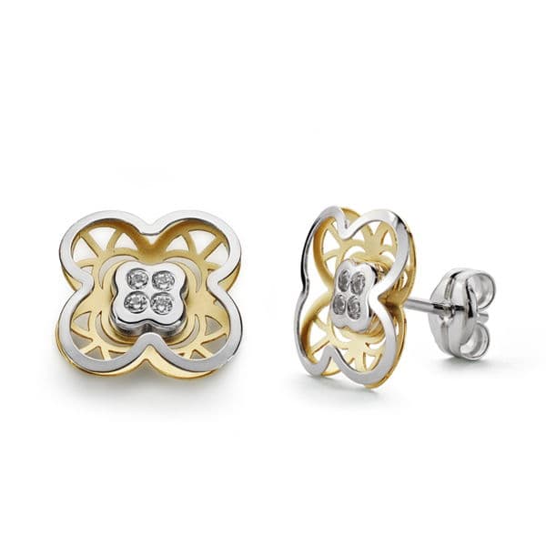 18K Two-tone Gold Earrings Clover Zircons 9 mm Butterfly Push Clasp