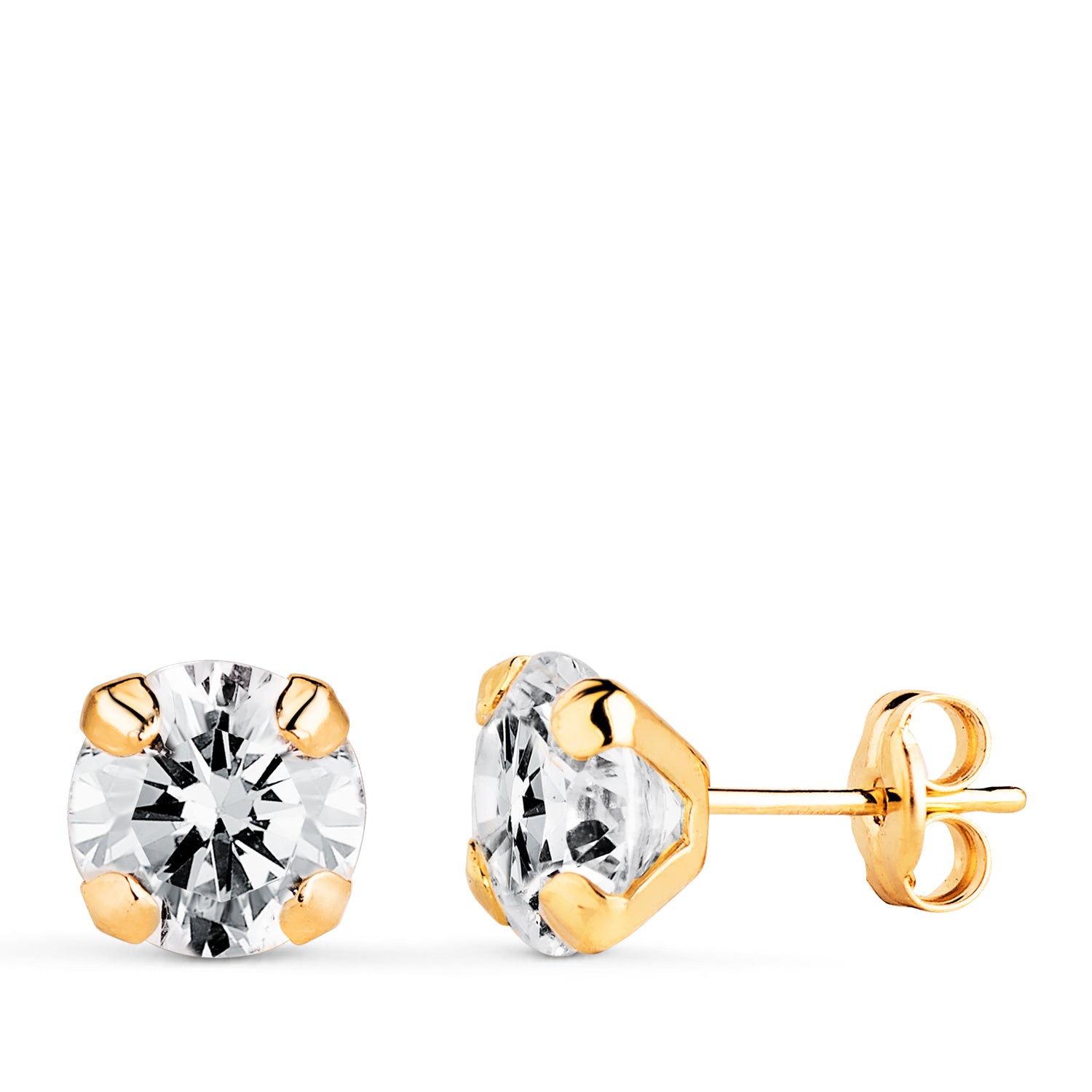 Boucles d'oreilles en Or Jaune 18 Carats avec Circonite, 4 Griffes - Dimensions : 7 X 7 mm - Fermeture à Pression