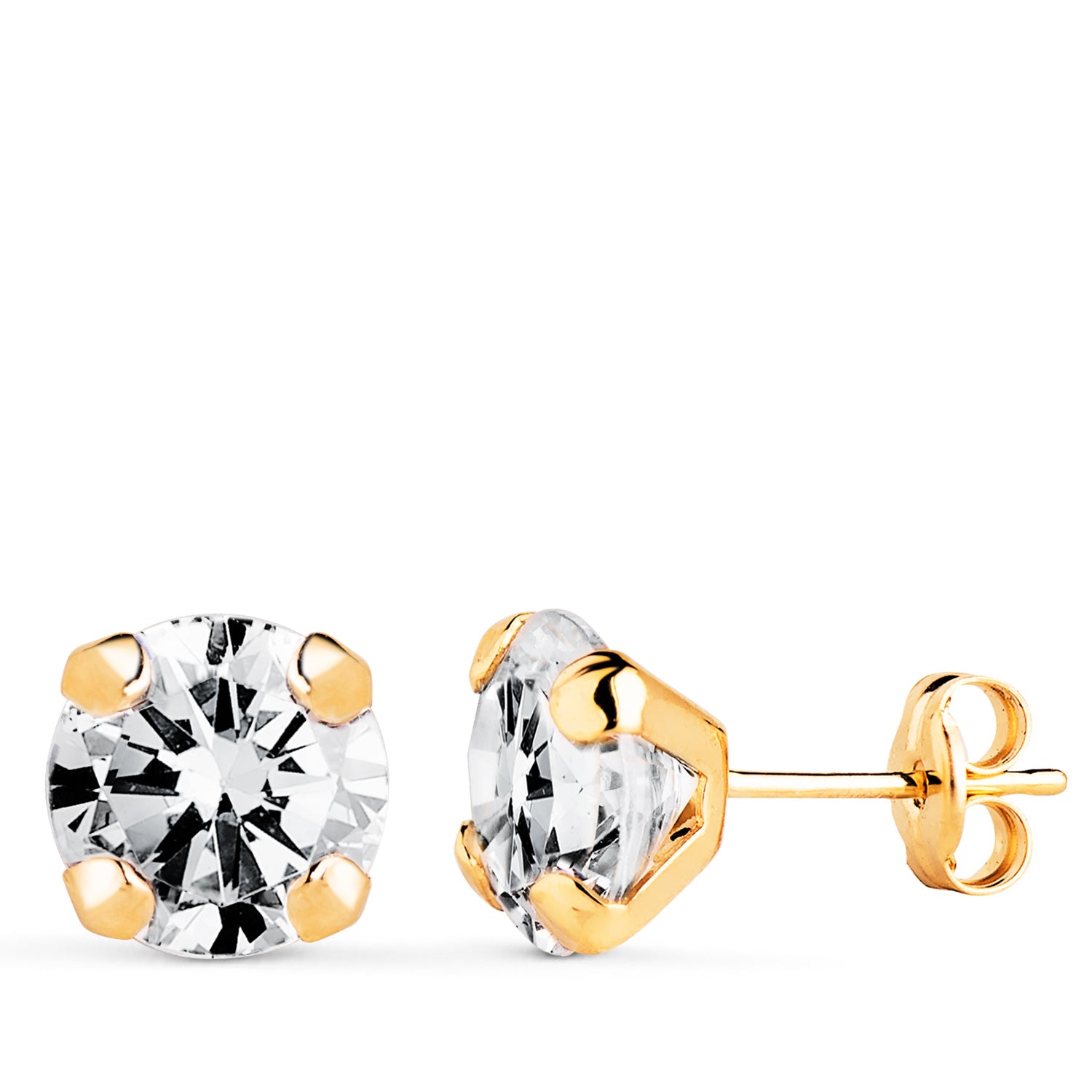Boucles d'oreilles en Or Jaune 18 Carats avec Circonite, 4 Griffes - Dimensions : 8 X 8 mm - Fermeture à Pression