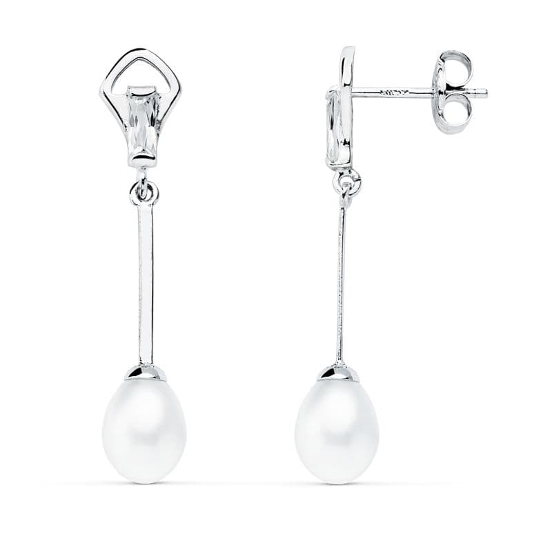 Brincos em ouro branco 18K com zircônia baguete e pérolas Tamanho: 31X6 mm Fecho de pressão
