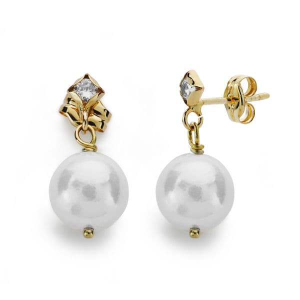 Cercei cu perle de zirconiu 18K, 17X8 mm, închidere cu apăsare fluture