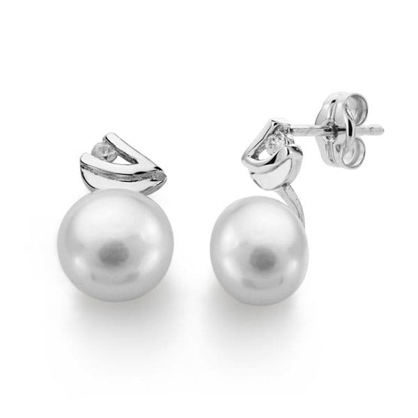 18K Boucles d'oreilles Or Blanc Perle et Zircon 11 X 7 mm Fermoir Poussettes Papillon