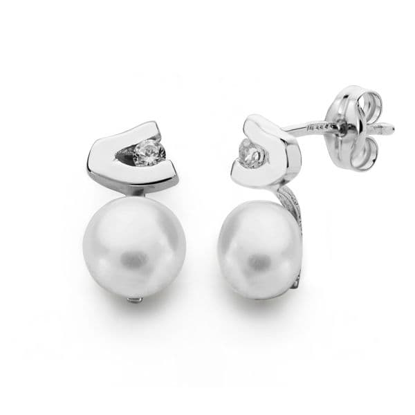 Pendientes Oro Blanco 18K Perlas y Circonitas Cierre Mariposa 11X6 mm