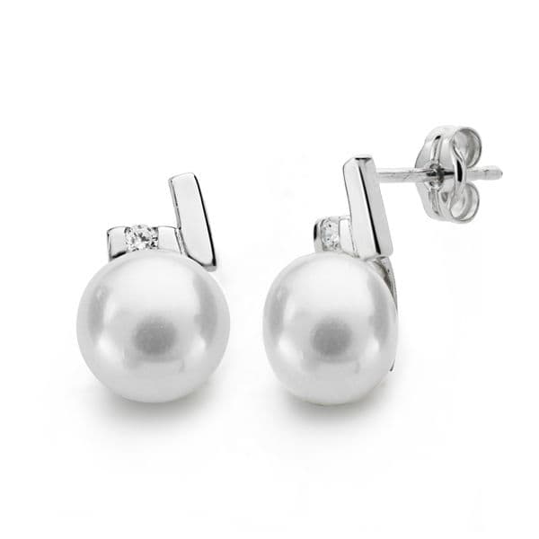Pendientes Oro Blanco 18K Perlas y Circonitas Cierre Mariposa 12 X 8 mm