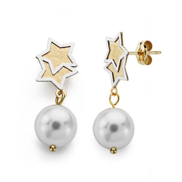 Pendientes Oro Bicolor 18K y Perlas 25 X 8 mm Cierre Mariposa