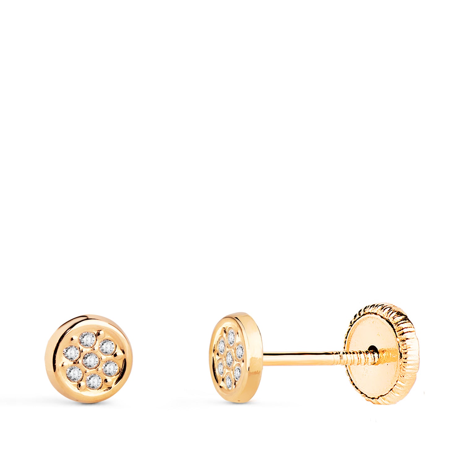 Ohrringe aus 18-karätigem Gelbgold, rund, mit synthetischen Zirkonen. Abmessungen: 4,5 mm. Schraubverschluss.