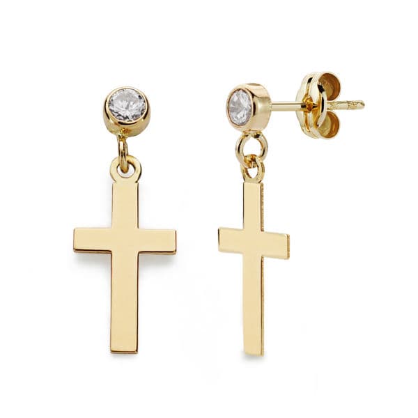 Boucles d'oreilles Croix Chaton Lisse 18K Or Jaune 12X7 mm Fermoir Poussettes Papillon