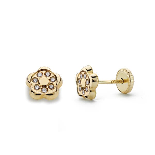 Pendientes Oro Amarillo 16K Flor y Circonitas Cierre Rosca 6 X6 mm