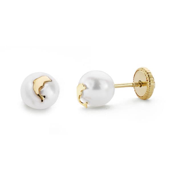 18 K gult gull perle og delfin øredobber 6 mm skruelås