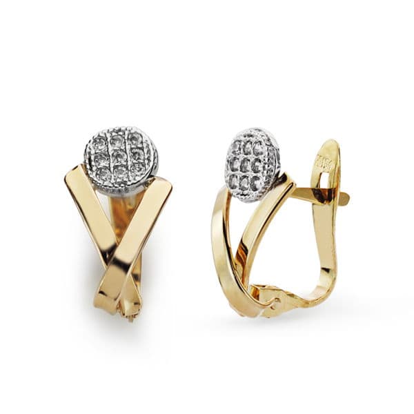 Pendientes Oro Bicolor 9K y Circonitas Cierre Catalán 13X7 mm